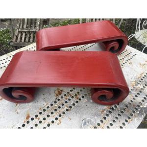 Small Asian Red Lacquer Poufs 