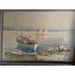 Pair Of Watercolors Of Boats And Fishermen