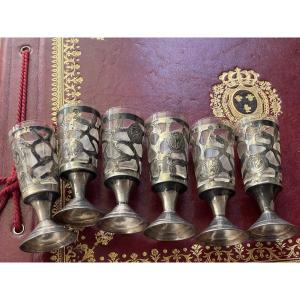 Set Of Six Silver And Glass Liqueur Glasses 