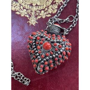  Silver And Coral Snuffbox Necklace 