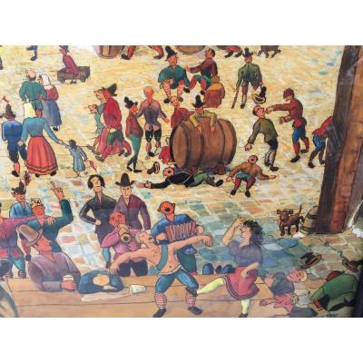 Fête Foraine Et Kermesse De Village Gouache