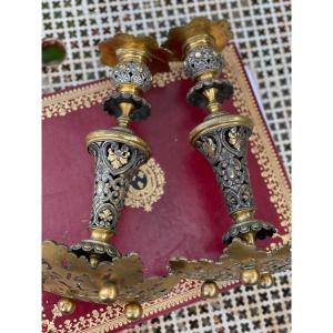 Pair Of Silver And Bronze Candlesticks