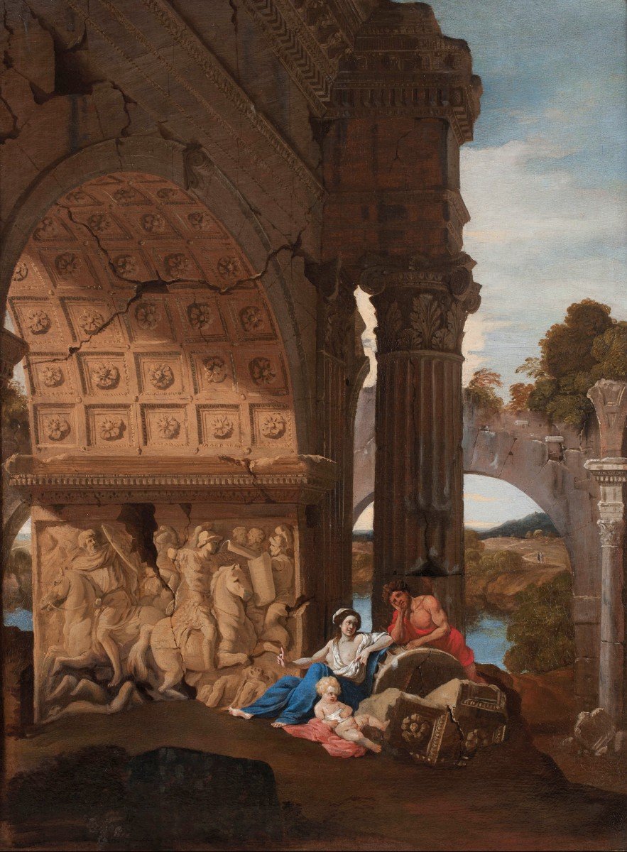 Jean Lemaire (Dammartin-en-Goele, 1601 c. – Gaillon, 1659)  Arco trionfale prospettico con con riposo di una giovane coppia con bambino