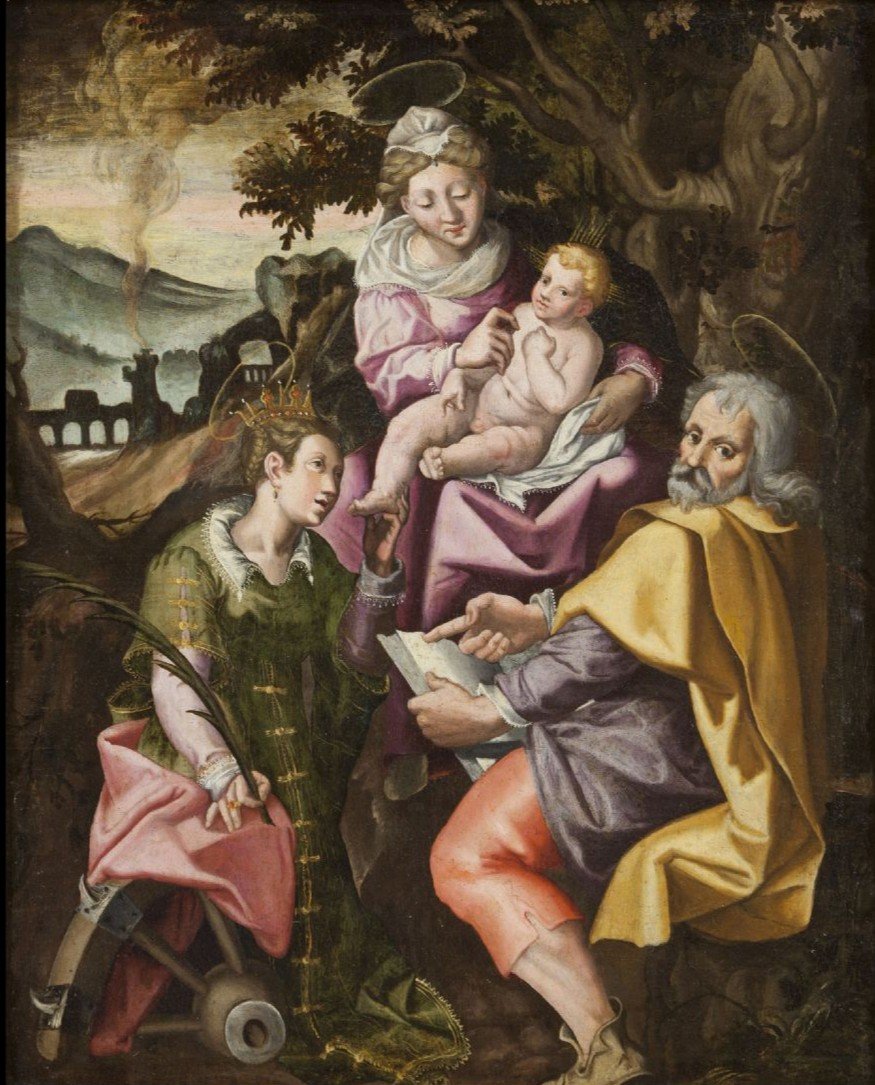 Scuola bolognese di inizio Seicento - Madonna col Bambino e santa Caterina 