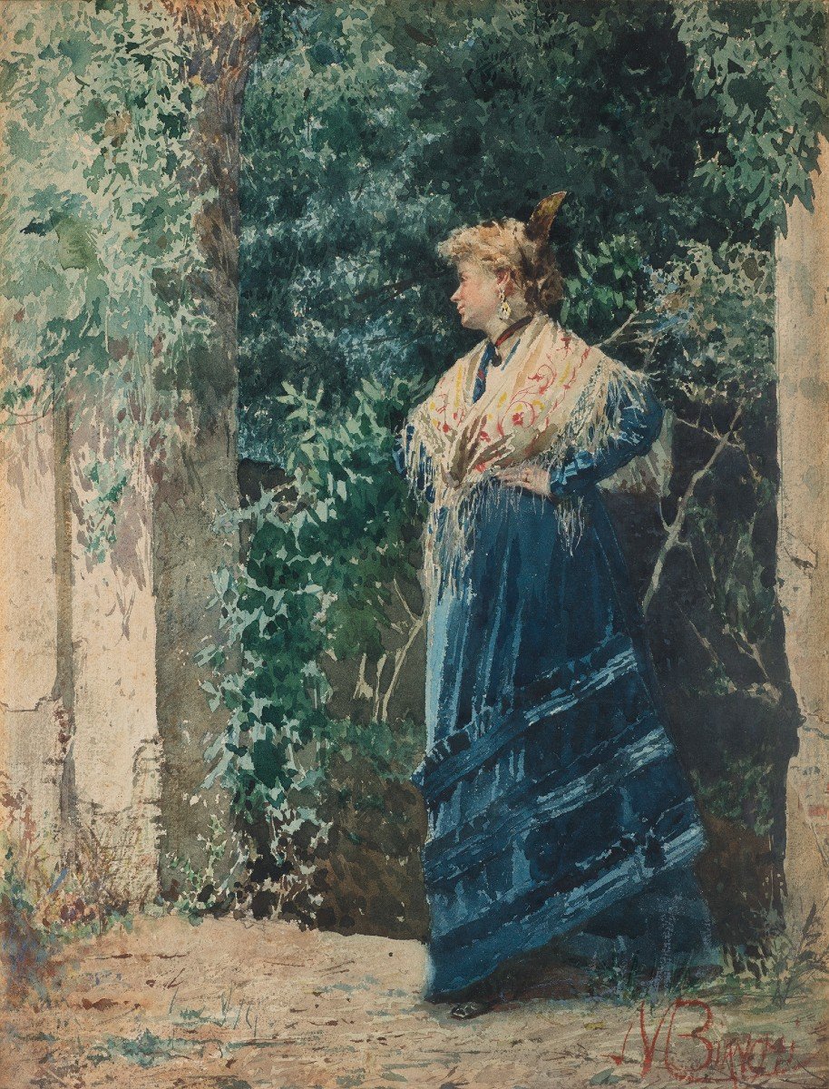 Mosè Bianchi (Monza, 1840 – 1904)  Giovane donna in un giardino
