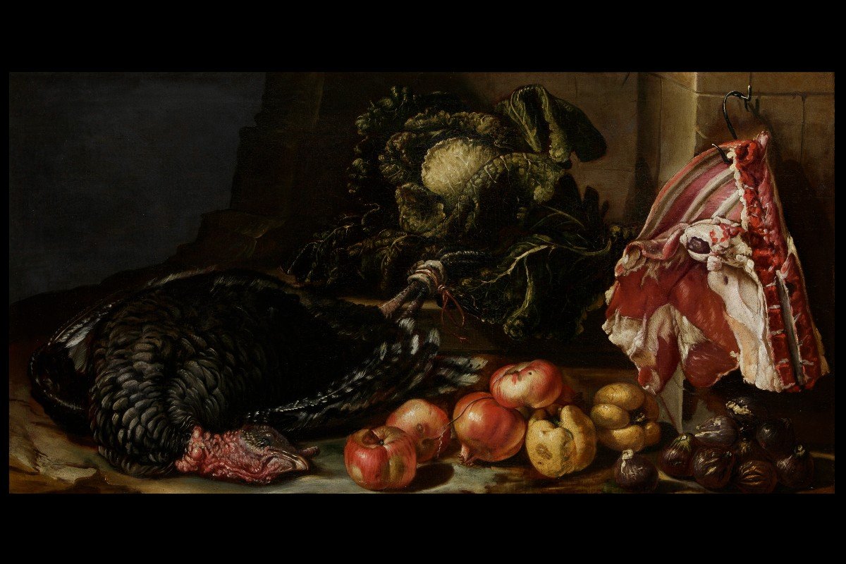 Bartolomeo Arbotori  (Piacenza, 1594 - 1676)  Natura morta con frutta ortaggi e tacchino 