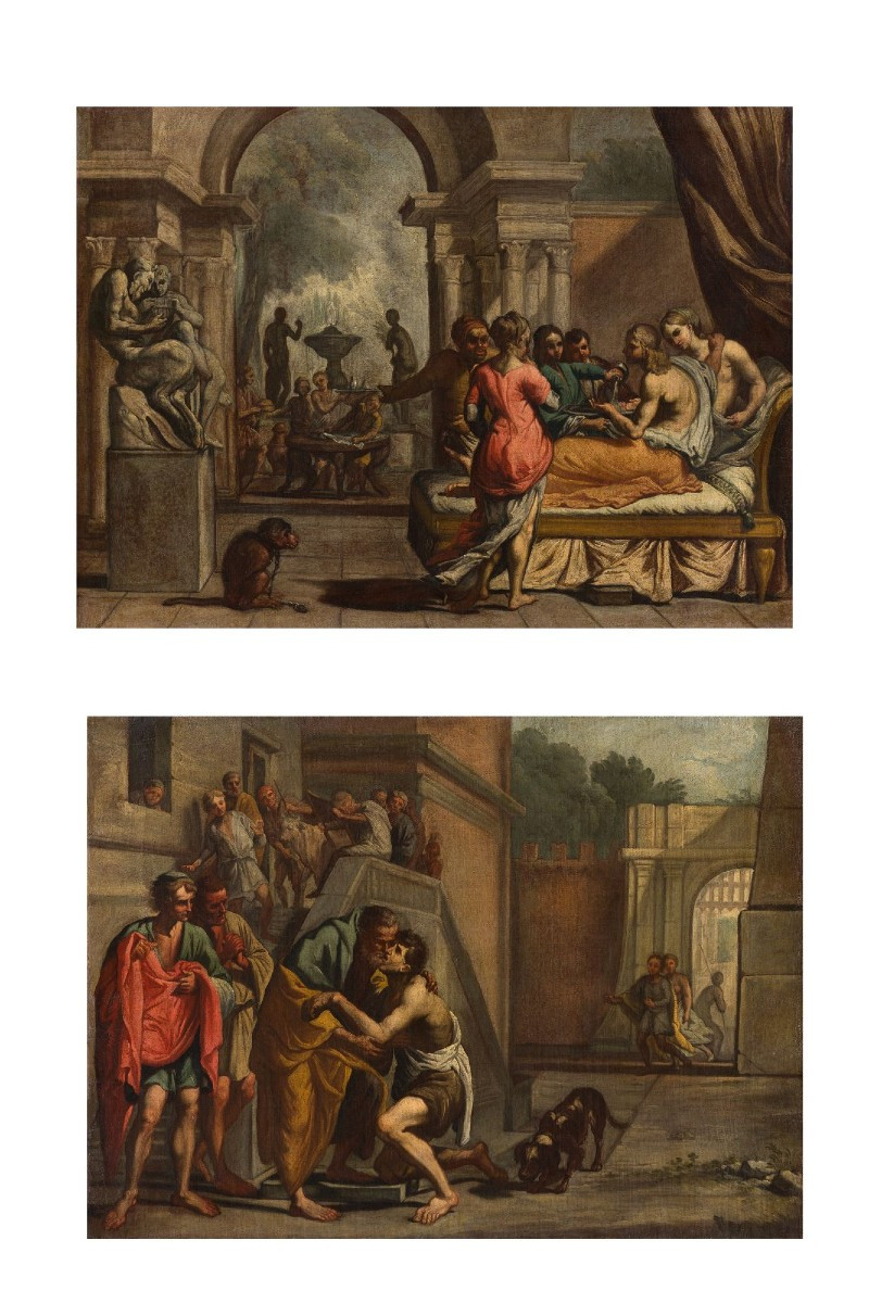 Pietro Testa (Lucca 1612 - Roma 1650) ambito, Le sregolatezze e Il ritorno del Figliol Prodigo 