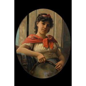 Giovanni Muzzioli, ambito (Modena 1854-1894) Giovane donna con tamburello