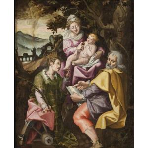 Scuola bolognese di inizio Seicento - Madonna col Bambino e santa Caterina 