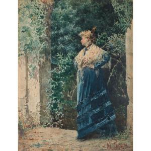 Mosè Bianchi (Monza, 1840 – 1904)  Giovane donna in un giardino