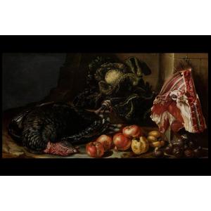 Bartolomeo Arbotori  (Piacenza, 1594 - 1676)  Natura morta con frutta ortaggi e tacchino 