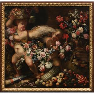 Felice Fortunato Biggi (Parma, 1650 – Verona, 1700 ca.), Natura morta con due putti