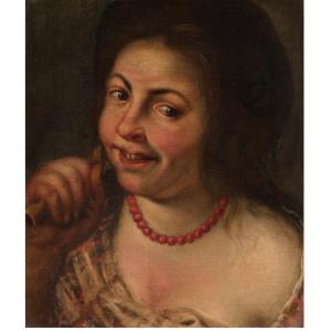 Francesco Cairo (Milano, 1607 - 1665) Figura femminile con collana di corallo  