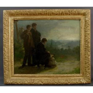 19th Century Painting Walkers At Twilight School Comtoise Franche-comté