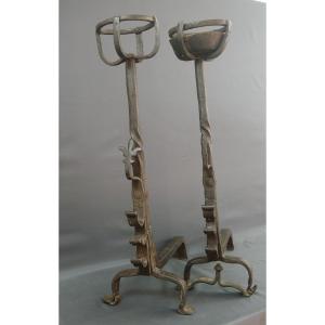 Pair Of Landiers 17th Wrought Iron Fleurdelysé