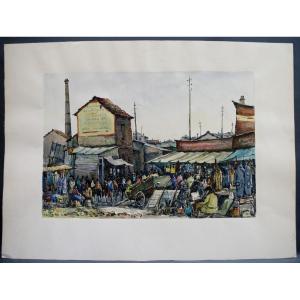 Watercolor André Duculty 1947 Saint Ouen Market Biron And Vernaison