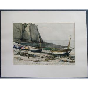 Watercolor Etretat 1971 André Duculty Boats And Cliffs