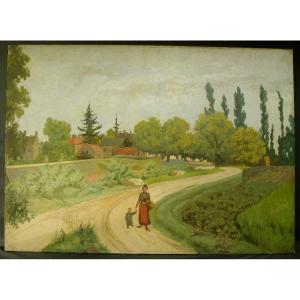 Large Naïve School Canvas From The 19th Century Monogram Ab 1894