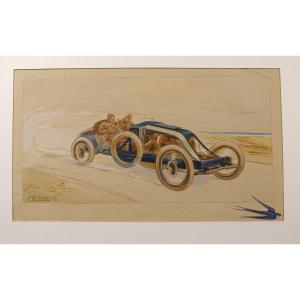 Poster 1908 Original Gouache Lithograph Montaut Renault Frères Automobile