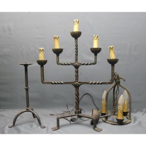 Lot Of Three Old Wrought Iron Candlesticks