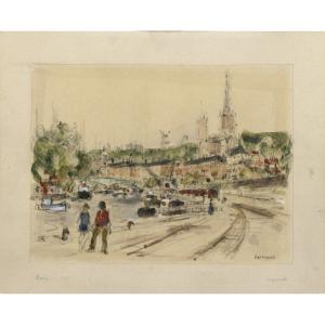 Watercolor Rouen By Joseph Raumann Seen From The Seine