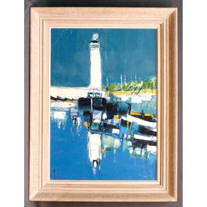 Bernard Folinais Around 1970 View Of A Port And Its Lighthouse