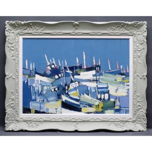 Painting Bernard Folinais Around 1970 Sailboats In Port