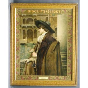 Poster Chromolithography End Of 19th Century Biscuits Olibet Bordeaux Roybet