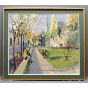 Painting 1957 View Of Lausanne Church Of Saint Francis Garopesani Switzerland