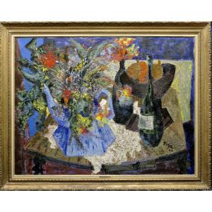 Large Painting Bernard Piga 1961 Flowers Fruits And Bottles