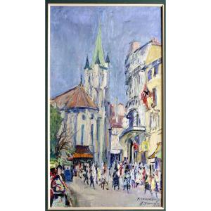 Painting 1957 View Of Lausanne Church Of Saint Francis Garopesani Switzerland