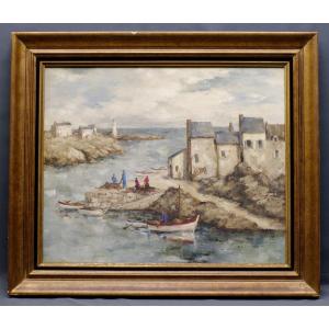 Painting Marcel Caradec Circa 1950 Port Of Doëlan Brittany Clohars-carnoët Pouldu