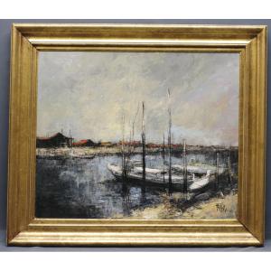 Painting By François Franck Arcachon Bay Pinasses Aux Piquets Circa 1970