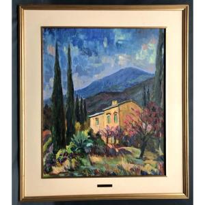 Painting Roquebrune-cap-martin 1970 S. Lemaire Alpes Maritimes La Boudaude 