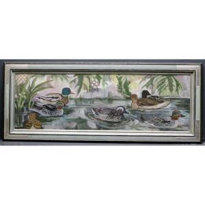 Large Gouache Painted Decor 1970 Professional Frame Faux Marble Pond And Ducks