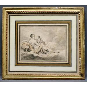 Antique Engraving By Bonnet After Boucher, Love Caressed, Gilded Wooden Frame