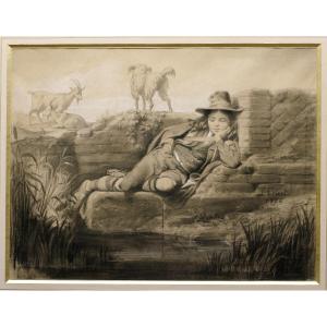 Large Drawing Louis Coizet 1856 Lyon School Young Shepherd