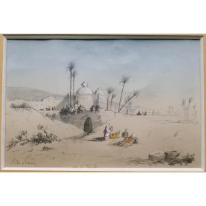 19th Century Watercolor Of Jericho Signed Perron Israël
