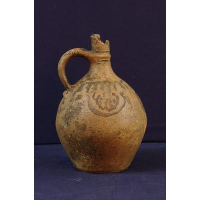Antique Terracotta Jug With Simple Decor Blue And Plum Medieval Era