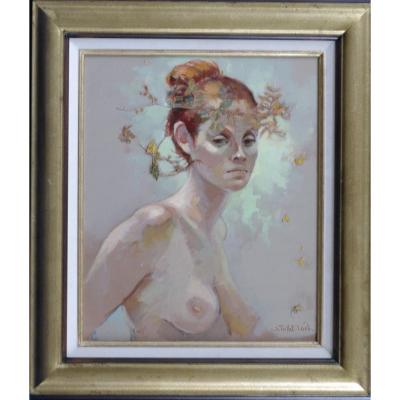 J. Tollet-loëb Nude Portrait Oil On Canvas