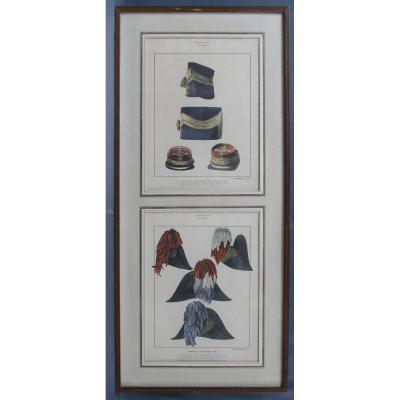 Two 19th Watercolors Engravings Military Headdresses Kepi Militaria Beanies