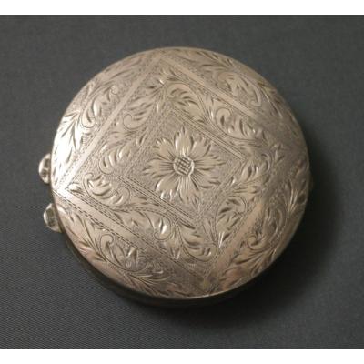 19th Century Engraved Pill Box Silver & Vermeil