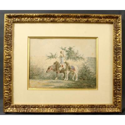 Watercolor 1880 By Emile Jolly Horses Percheron