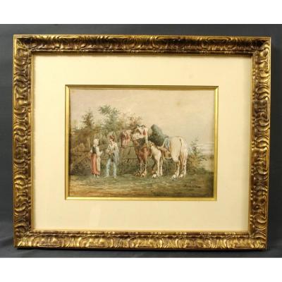 Watercolor 1880 By Emile Jolly Horses Percheron