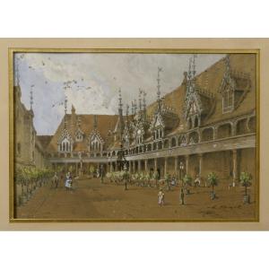 Gouache 19th Hospices De Beaune Hôtel-dieu