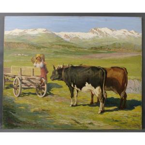 Table Vittini Giulio 1949 Large Landscape Mountain Cows