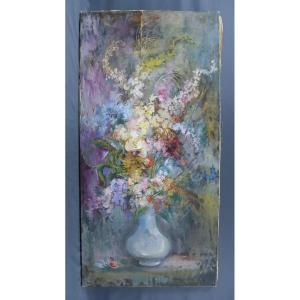 Large Table Oil On Canvas Flowers Around 1950