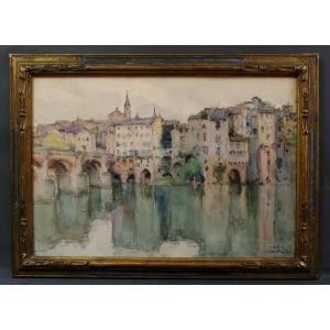 Original Watercolor Louis Montagné Albi Le Pont-vieux Early 20th