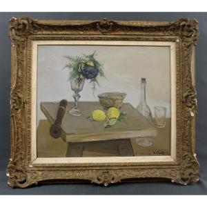 André Civet Painting Around 1950 Still Life With Lemons