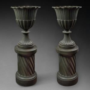 Pair Of Cast Iron Medici Vases On Their Art Deco Columns